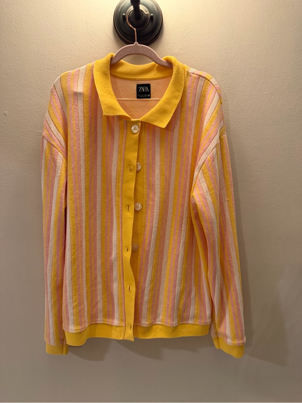 Zara Yellow Striped Knit Polo Cardigan Button Front Sweater Size Large
